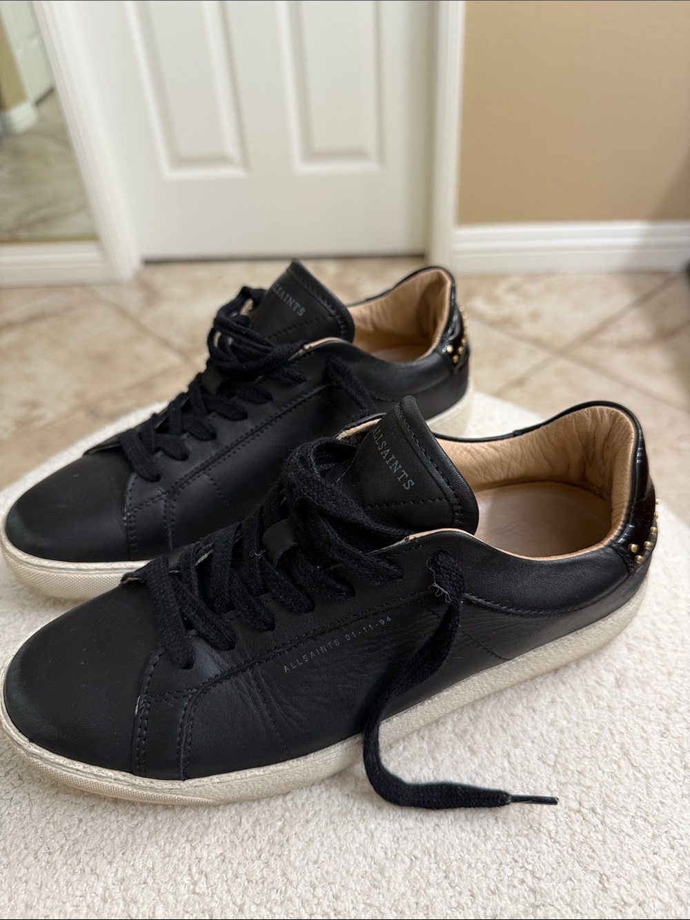 AllSaints Black Leather Women’s Low-Top Sneakers with Distressed Look - Picture 2 of 5